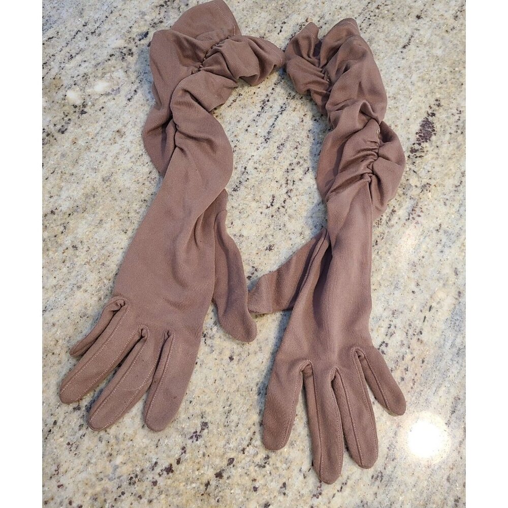 Vintage Womens Size S/M Brown Stretch Nylon Formal 14.5" Long Gloves Ruched
